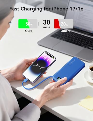 Portable Charger Power Bank 10000mAh with Built in Cables & Wall Plug - color: Steel Blue
