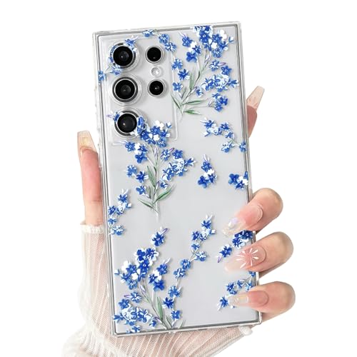 NITITOP Compatible with Samsung Galaxy S23 Ultra Case Clear Cute Flowers Floral Leaves for Women Girls Soft TPU Durable Full Camera Lens Shockproof Protective Cover - Blue - color: Blue, size: Samsung Galaxy S23 Ultra