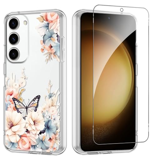 Flower Phone Case Floral for Samsung Galaxy S23 5G 6.1'' with Screen Protector, Clear Transparent Phone Cover Slim Soft Shockproof Anti-Scratch Drop Protection Funda for Girls Women - color: Yellow Peony, size: Samsung Galaxy S23 5G