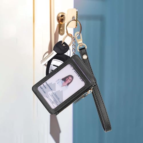 M-Plateau RFID Blocking Keychain Wallet With Leather Wrist Strap | Keychain Wristlet, Womens Card Holder with Zipper Coin Pocket and ID Window(Black) - color: Black