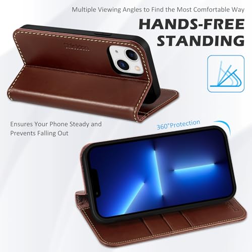 SHIELDON Real Leather Case Wallet for iPhone 13 6.1" 2021, Retro Coffee | TPU Wallet Case with Card Storage Function Anti-Shock [RFID Blocking], 5G 2021 - color: Coffee - Retro