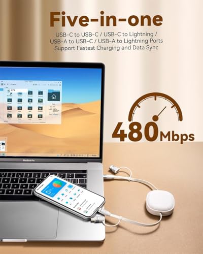 65W Fast Charging Retractable Cable, 5 in 1 Multi Charger for Car & Travel