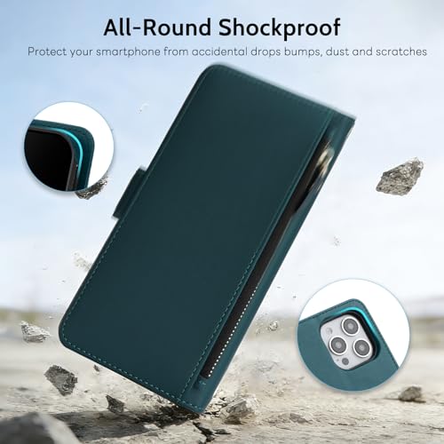 COBEAR for iPhone 15 Pro Max Case Wallet, 2-in-1 Magnetic Detachable, PU Leather, Zipper Pocket, Kickstand, Wrist Strap, Women Men Flip Wallet Case with Card Holder for iPhone 15 Pro Max, Blue Green