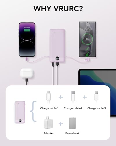 VRURC Portable Charger, Power Bank Built-in Cables and AC Wall Plug - color: Purple