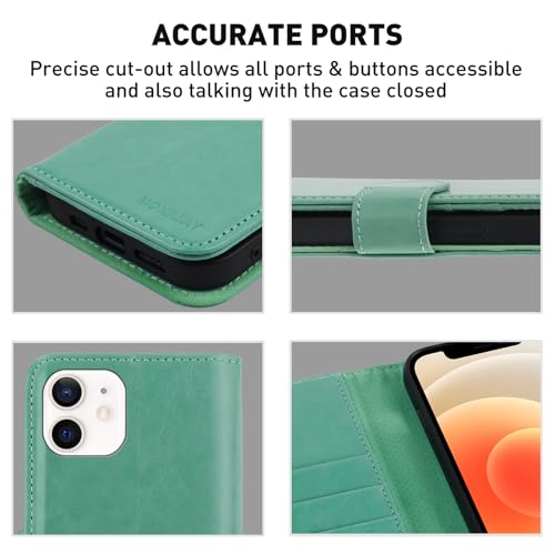 MONASAY Wallet Case Compatible for iPhone 12 mini 5G 5.4-inch,[Glass Screen Protector Included] [RFID Blocking] Flip Folio Leather Cell Phone Cover with Credit Card Holder, Mint - color: Mint