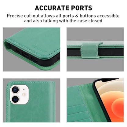 MONASAY Wallet Case Compatible for iPhone 12 mini 5G 5.4-inch,[Glass Screen Protector Included] [RFID Blocking] Flip Folio Leather Cell Phone Cover with Credit Card Holder, Mint - color: Mint