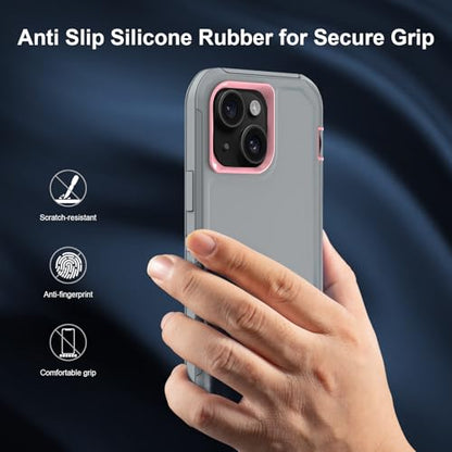 Sansunto for iPhone 13 Case, Phone Case for 15 & 14, Protective Heavy Duty Shockproof 3 in 1 Silicone Rubber Cover, Rugged Hybrid Durable Phone Case for iPhone 6e in 6.1 Inch - color: Grey/Pink
