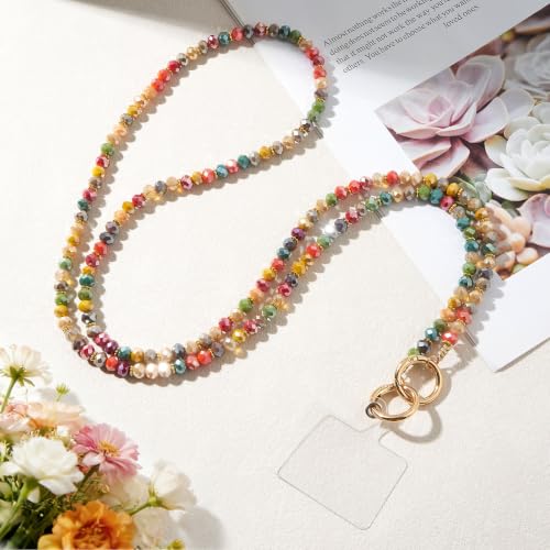 WOZEAH Crystal Cell Phone Lanyard Crossbody Strap for Women, Beaded Phone Strap for Cellphone Case with Tether Tab - color: Colorful Crystal
