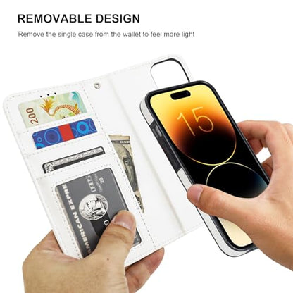 Bocasal Detachable Wallet Case Card Holder for iPhone 15, White | RFID Blocking Kickstand Card Slots Holder PU Leather Magnetic Shockproof Wrist Strap Removable Flip Protective Cover 6.1 inch - color: White