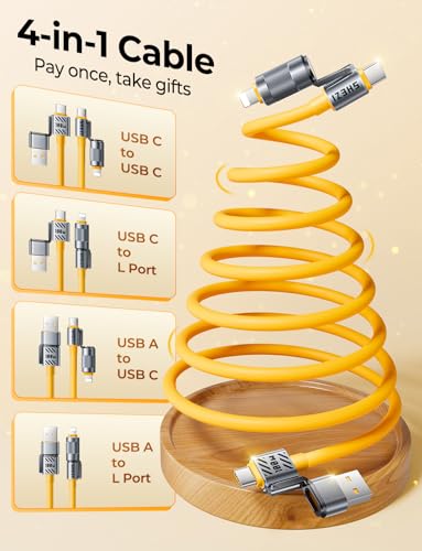 100W 4 in 1 Coiled Lightning Cable, 5FT USB A to USB C Cable for Car - color: Yellow, size: 100W, style: Coiled Cable