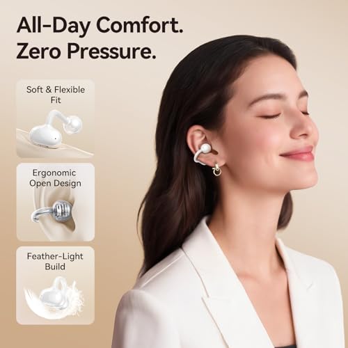 Kinglucky Jewelry-Inspired Clip-On Earbuds with Diamond Earrings, Comfortable Fit & 40H Playtime Open Ear Bluetooth 5.4 Wireless Headphones for Women, Small Ears, Sports & Workouts (White)