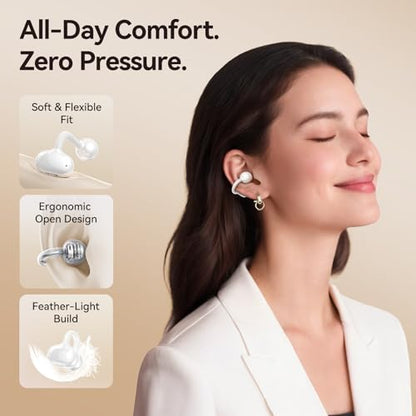 Kinglucky Jewelry-Inspired Clip-On Earbuds with Diamond Earrings, Comfortable Fit & 40H Playtime Open Ear Bluetooth 5.4 Wireless Headphones for Women, Small Ears, Sports & Workouts (White)