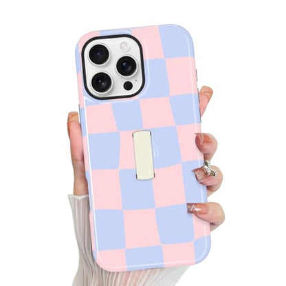KANGHAR Compatible with iPhone 16 Pro Max Case Checkered -Pink Blue | Silicone Cute Pattern, Finger Hold Wristband Kickstand Camera Protection Soft Slim Phone Case for Girls Women - color: (Checkered)Pink Blue, size: iPhone 16 Pro Max