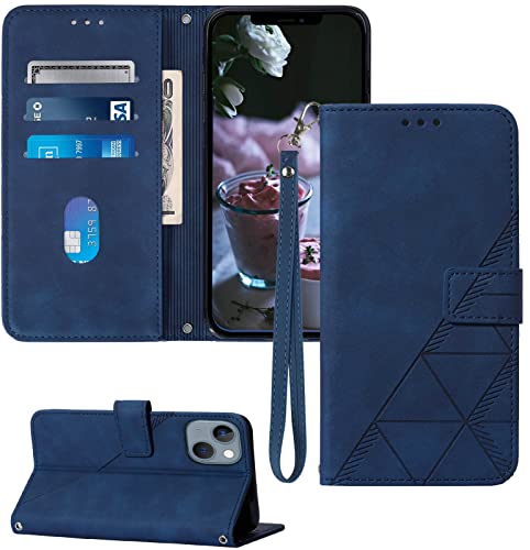 Wallet Case with Wrist Strap for iPhone 13/14 (Blue) | Card Holder Slots, PU Leather, TPU Interior Protective, Stand, Folio Flip Cases Cover, 13/14 Phone 6.1 inch - color: Blue