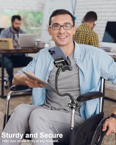 Gooseneck Phone Holder for Wheelchair, Stroller, Golf Cart, Boat, Mic Stand, Indoor Cycling Bike, Gym Bicycle Handlebar Clamp for iPhone Air 17 Pro Max 16 15 14 13 12 Plus, S25, 4.7 to 7" Smartphones