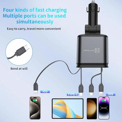 2026 Apples Approved Starlight 66W Retractable Car Charger, Starlight in Car Roof 4 in 1 Super Fast Car Phone Charger, 2 USB Ports and 2 Retractable Cables, Compatible with All iPhones and Android