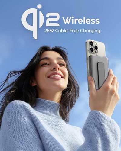 myCharge CliqLuxe Magnetic Wireless Power Bank 10,000mAh | iPhone & MagSafe Compatible | Qi2.2 25W Mag Safe Portable Charger | Built-in Stand | 20W PD USB-C Port | Premium Grey Fabric - size: 10K, style: Without Wall Plug (Grey)