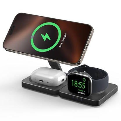Traveling Magnetic Wireless Charging Station - ADADPU 3 in 1 Foldable Charger Stand for Apple Devices, Travel Charging Pad for iPhone 18 Pro Max 17 16 15 14 13 12 Series, for Apple Watch AirPods,Black