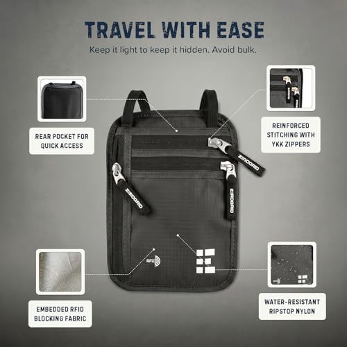 Zero Grid RFID Travel Neck Wallet, Large Passport Holder, Dark Grey - color: Dark Grey, size: Solo/Couple