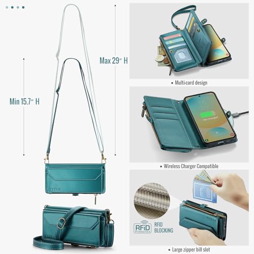 for Samsung Galaxy S24 FE Wallet Case with Card Holder, Green | RFID Blocking Slots, Crossbody Lanyard, Wrist Strap, Zipper Pocket Purse Handbag, Magnetic Closure - color: Green, size: Galxay S24 FE