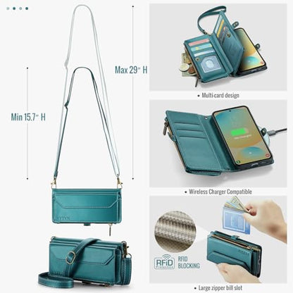 for Samsung Galaxy S24 FE Wallet Case with Card Holder, Green | RFID Blocking Slots, Crossbody Lanyard, Wrist Strap, Zipper Pocket Purse Handbag, Magnetic Closure - color: Green, size: Galxay S24 FE