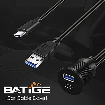 Type C 3.1 and USB 3.0 Car Mount Flush Cable Male to Female Waterproof Extension for Car Truck Boat Motorcycle Dashboard Panel - 3ft