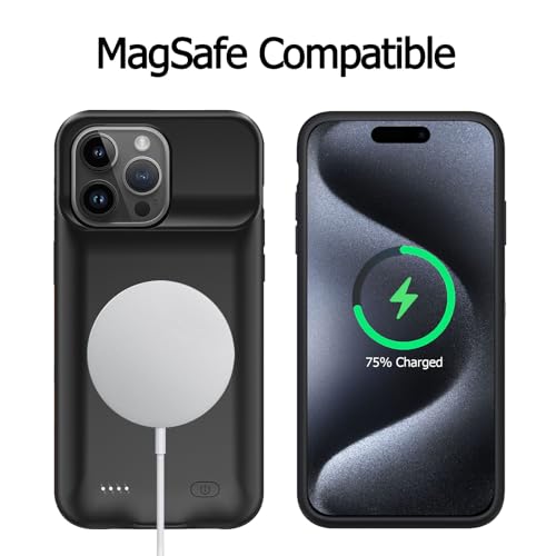 Battery Case for iPhone 15 Pro, [10000mAh] Enhanced Portable Protective Smart Qi Wireless Charger Case Battery Pack with CarPlay Wireless Charging Case Compatible for iPhone 15 Pro (6.1 inch)-Black - size: iPhone 15 Pro