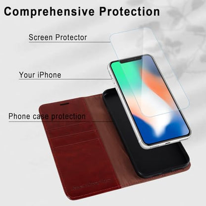 MONASAY Wallet Case for iPhone X/Xs with 3 Card Holders - Burgundy | Kickstand,RFID Blocking,6.6 feet of shock absorption,PU Leather,Strong Magnetic Closure,Fits 5.8 inch ONLY,screen Protector - color: Burgundy