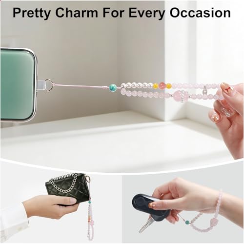 TEAMOLA Natural Stone Phone Charm - Crystal Phone Beaded Wrist Strap - color: Pink-Charm