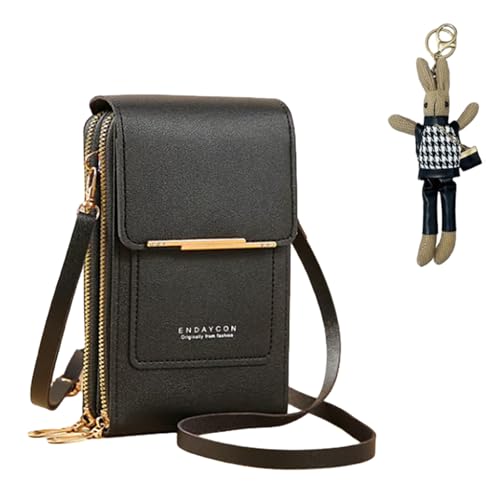 Women's Touch Screen Mobile Phone Messenger Bag, Waterproof Leather Touch Screen Crossbody Phone Purse - color: Black