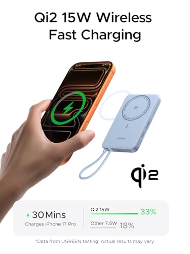 UGREEN Magflow Air 10000mAh Qi2 15W Wireless Power Bank Built-in Cable - color: Blue