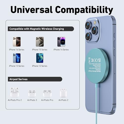 BENFEI Magnetic Wireless Charger Compatible with MagSafe for iPhone 17/16/15/14/13/12, Aluminum, up to 7.5W, 1.5m Cable - color: Teal