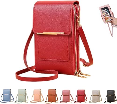 Touchscreen Phone Crossbody Bag,Waterproof PU Leather with Adjustable Shoulder Straps, Small Crossbody Cell PurseWallet for - color: Red