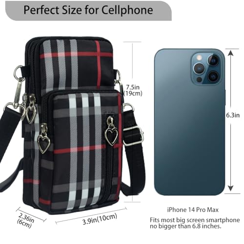 Small Crossbody Bag for Women, Multi Zip Pockets Nylon Wallet Purse Credit Card Holder with Detachable Hand Strap - color: Black Grid