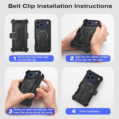 Caka 4-in-1 for iPhone 17 Pro Max Case with Belt Clip Holster and Stand | HD Glass Screen & Camera Lens Protector, Compatible with MagSafe, Hidden Kickstand, Rugged Heavy Duty Shockproof Phone Cover - color: Black