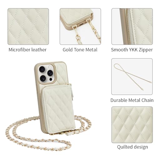 LAMEEKU Wallet Case Compatible with iPhone 13 Pro Max, Crossbody Quilted Leather Card Holder with Chain Strap Protective Bumper Cover for iPhone 13 Pro Max, 6.7 Inch-Beige - color: Beige-01, size: iPhone 13 Pro Max-6.7"