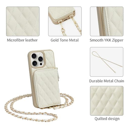 LAMEEKU Wallet Case Compatible with iPhone 13 Pro Max, Crossbody Quilted Leather Card Holder with Chain Strap Protective Bumper Cover for iPhone 13 Pro Max, 6.7 Inch-Beige - color: Beige-01, size: iPhone 13 Pro Max-6.7"
