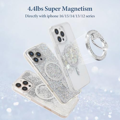 Magnetic Phone Ring for MagSafe Grip [Super Magnet] Gold Twinkle Design Ring Holder Stand, magsafe pop Socket (Silver) - color: Silver