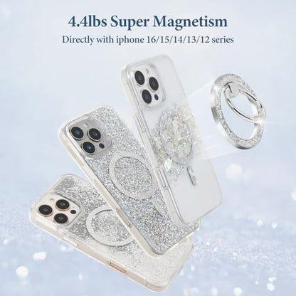 Magnetic Phone Ring for MagSafe Grip [Super Magnet] Gold Twinkle Design Ring Holder Stand, magsafe pop Socket (Silver) - color: Silver