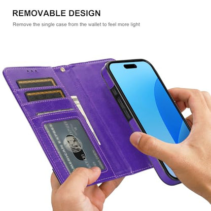 Bocasal Detachable Wallet Case Card Holder for iPhone 16, Purple | RFID Blocking Kickstand Card Slots Holder PU Leather Magnetic Shockproof Wrist Strap Removable Flip Protective Cover 6.1 inch - color: Purple