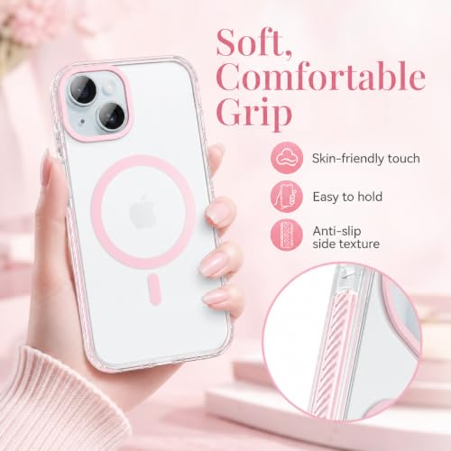 GUAGUA Magnetic for iPhone 14 Case & iPhone 13 Case, [Compatible with Magsafe] Military Shockproof Protective Bumper Cute Transparent Slim Anti-Yellowing Phone Cover for iPhone 14/iPhone 13,Clear Pink - size: iPhone 14/iPhone 13
