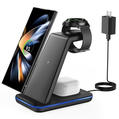 3-in-1 Wireless Charger Station for Samsung: JoyGeek Charging Stand for S25-S20, Z Series, Note Models, Watch 4-7 Generations, Buds, 18W Adapter
