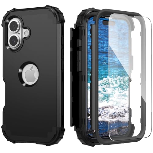 IDweel for iPhone 17 Case with Screen Protector for Men, 3 in 1 Shockproof Slim Fit Hybrid Heavy Duty Hard PC Cover Soft Silicone Bumper Full Body Anti-Fingerprint Case, Black - color: Black