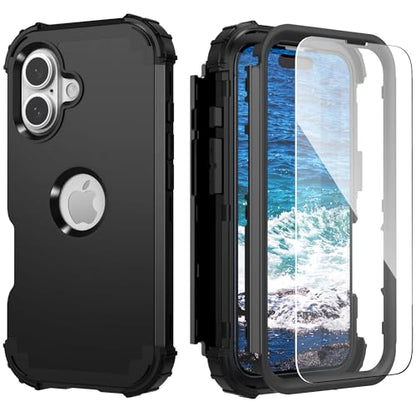 IDweel for iPhone 17 Case with Screen Protector for Men, 3 in 1 Shockproof Slim Fit Hybrid Heavy Duty Hard PC Cover Soft Silicone Bumper Full Body Anti-Fingerprint Case, Black - color: Black