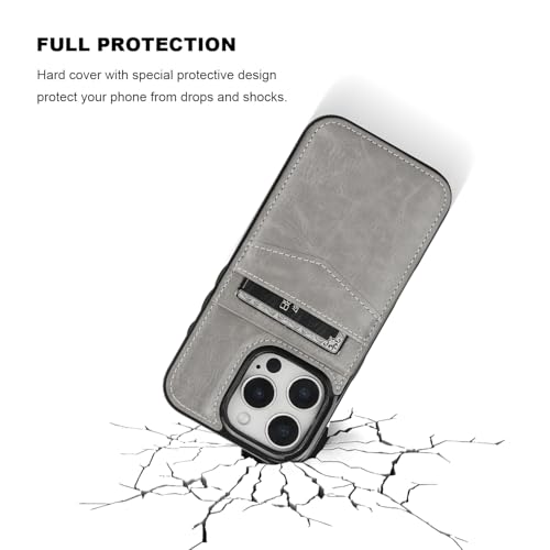 KIHUWEY for iPhone 16 Pro Wallet Case Card Holder Kickstand, Gray | Credit Card Slots, PU Leather, Magnetic Clasp, Flip Heavy Duty Protection Cover for Men and Women - color: Gray