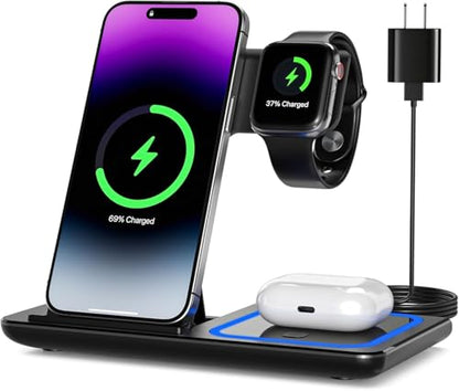 3 in 1 Wireless Charger Charging Station, Wireless Charger Stand for iPhone17 16e 16 15 14 Pro Max 13 12 11,Charging Dock for AirPods 4 3 2 Pro, Apple Watch 11/10/9/Ultra/8/SE/7/6/5/4/3