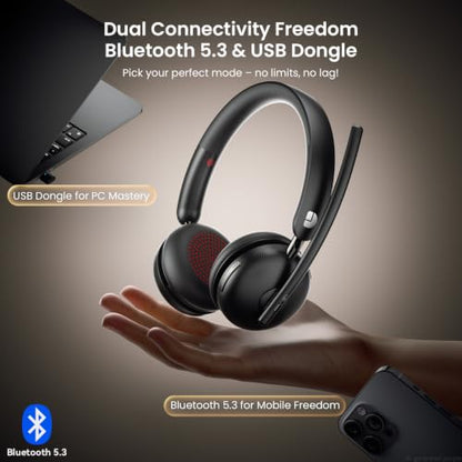 Dytole Wireless Headset with Mic for Work, Bluetooth 5.3 Headset with Noise Cancelling, Wireless Headphones with Mic & USB Dongle, 65H & Mute, Ideal for PC/Call Center/Computer/Laptop/Study
