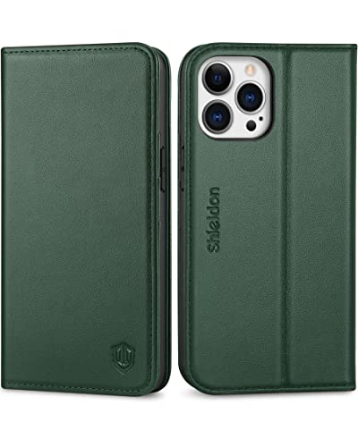 SHIELDON Genuine Leather Case Wallet for iPhone 13 Pro 6.1", Midnight Green | Folio Magnetic Closure, RFID Blocking, Credit Card Holder, Kickstand, Shock Absorbing Protective Cover - color: Midnight Green