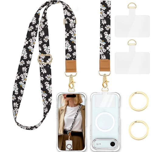 Phone Lanyard Crossbody Strap, Adjustable Neck Strap and Wristlet Strap for Phone Wallet ID Badge with 2 Phone Tabs - color: Black Daisies