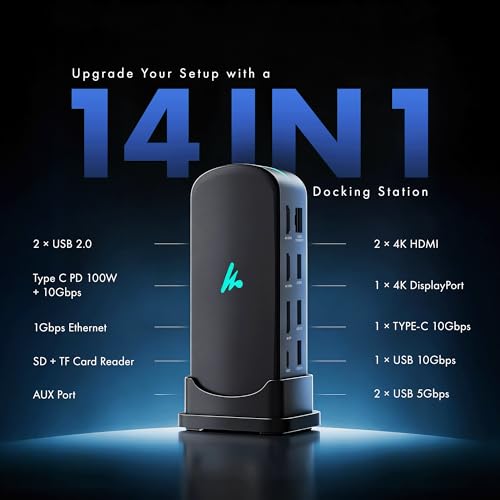 Type C 14 in 1 Wozoyo Docking Station, PD 100W, 2X4K@60Hz HDMI, 4K DisplayPort, 2XType-C 10Gbps, USB 10Gbps, Gigabit Ethernet, AUX Port, Compatible Thunderbolt 4, macOS, Windows, Android & iOS